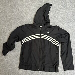 Adidas 3-Stripe Hooded Windbreaker Medium Black Lightweight Zip Up Jacket
